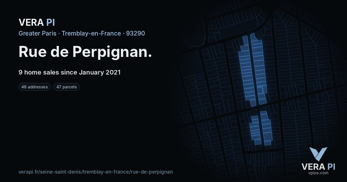 Rue de Perpignan, Tremblay-en-France at night – every parcel coloured by the prices around it, the street's own parcels lit