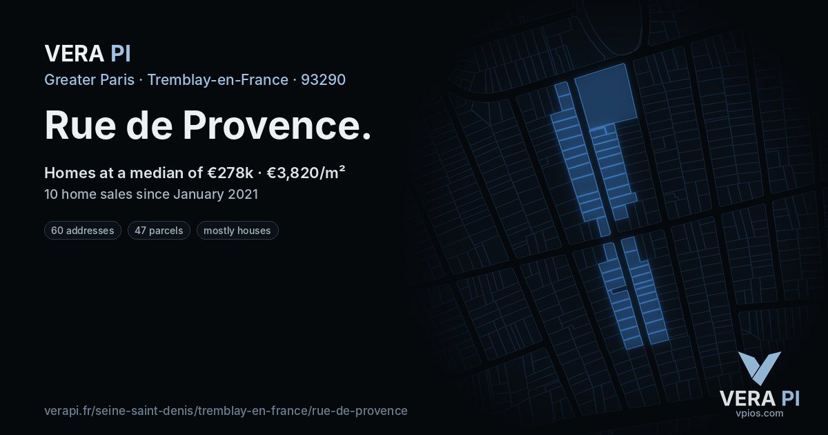 Rue de Provence, Tremblay-en-France at night – every parcel coloured by the prices around it, the street's own parcels lit
