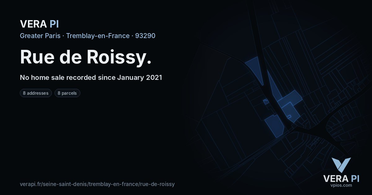 Rue de Roissy, Tremblay-en-France at night – every parcel coloured by the prices around it, the street's own parcels lit