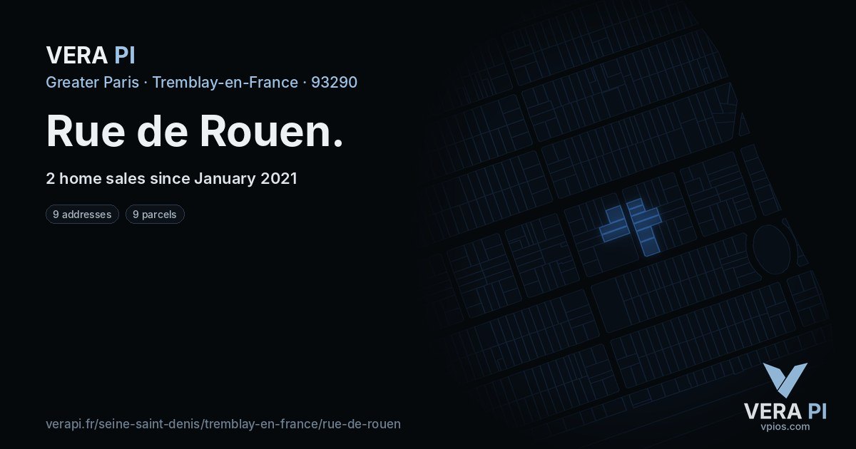 Rue de Rouen, Tremblay-en-France at night – every parcel coloured by the prices around it, the street's own parcels lit