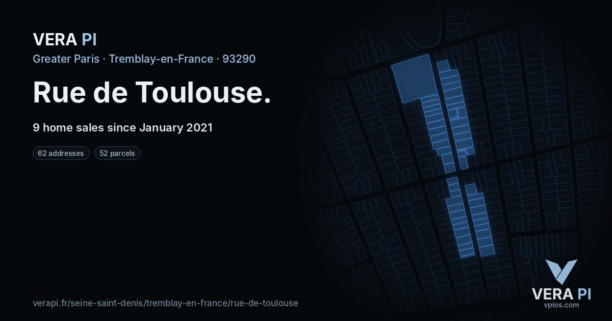 Rue de Toulouse, Tremblay-en-France at night – every parcel coloured by the prices around it, the street's own parcels lit