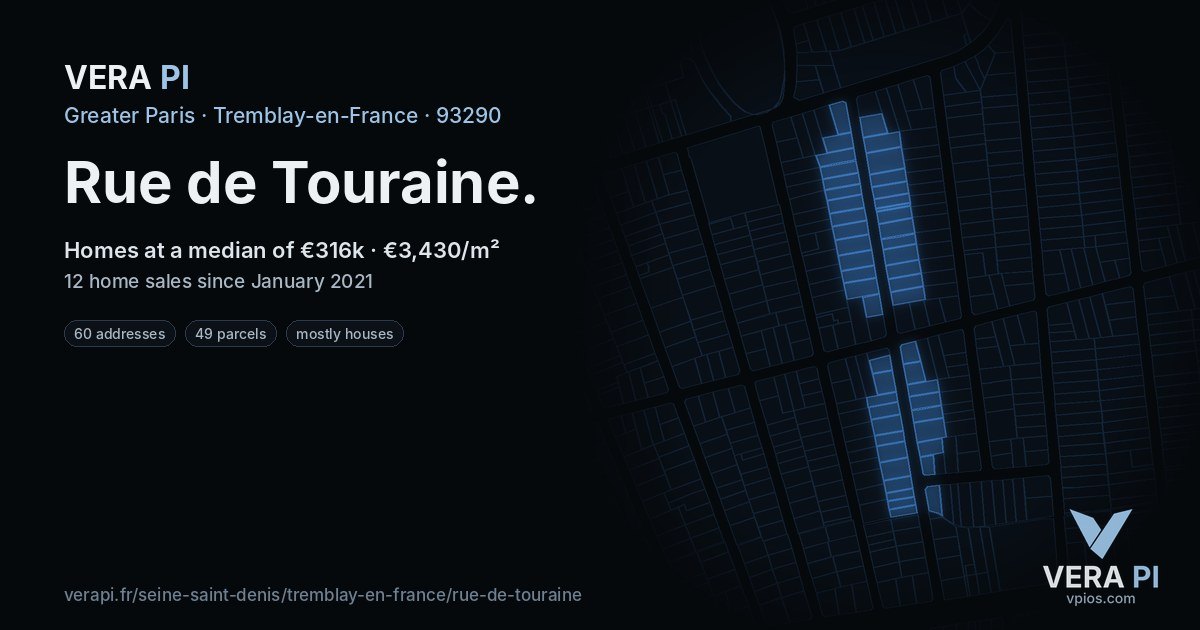 Rue de Touraine, Tremblay-en-France at night – every parcel coloured by the prices around it, the street's own parcels lit