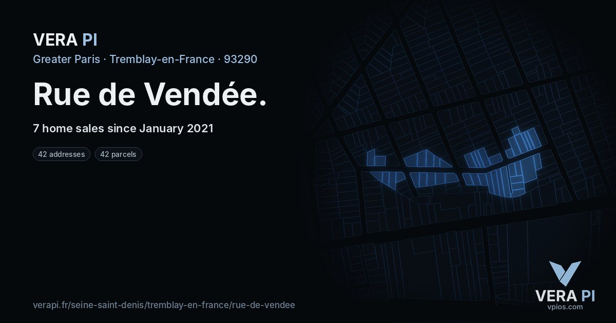 Rue de Vendée, Tremblay-en-France at night – every parcel coloured by the prices around it, the street's own parcels lit