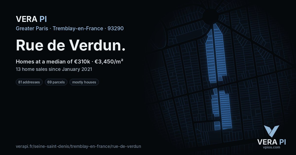 Rue de Verdun, Tremblay-en-France at night – every parcel coloured by the prices around it, the street's own parcels lit