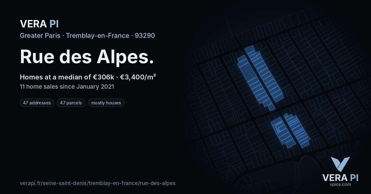 Rue des Alpes, Tremblay-en-France at night – every parcel coloured by the prices around it, the street's own parcels lit