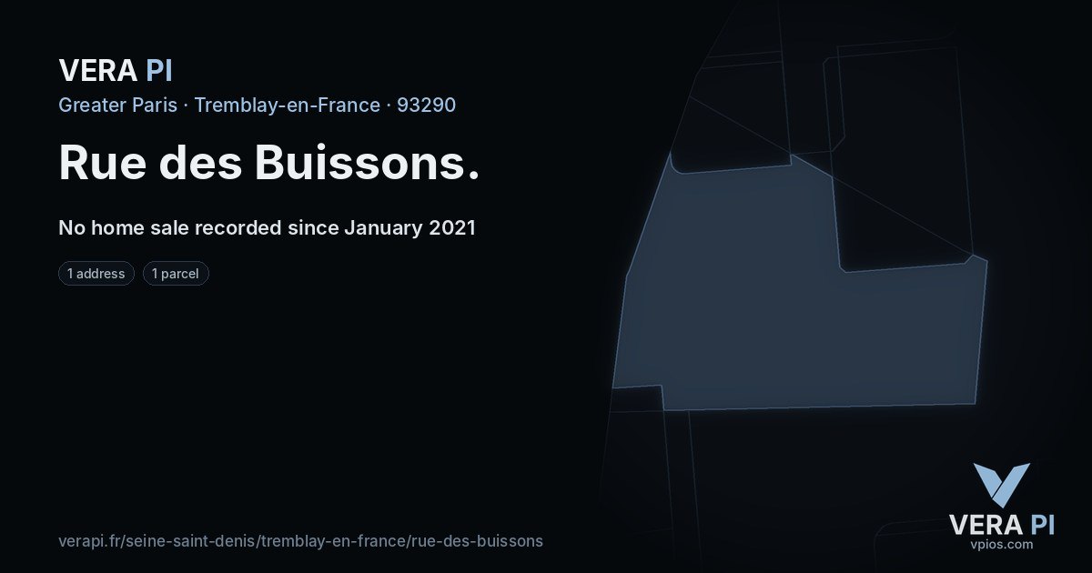 Rue des Buissons, Tremblay-en-France at night – every parcel coloured by the prices around it, the street's own parcels lit