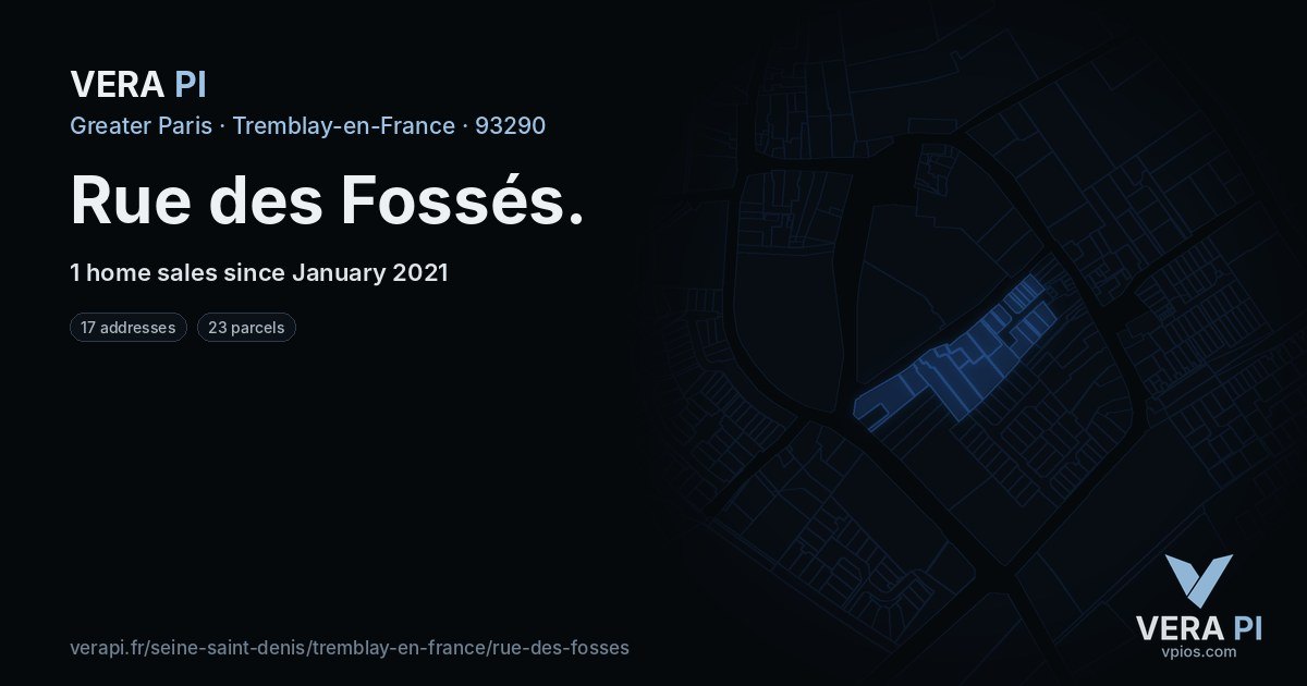 Rue des Fossés, Tremblay-en-France at night – every parcel coloured by the prices around it, the street's own parcels lit