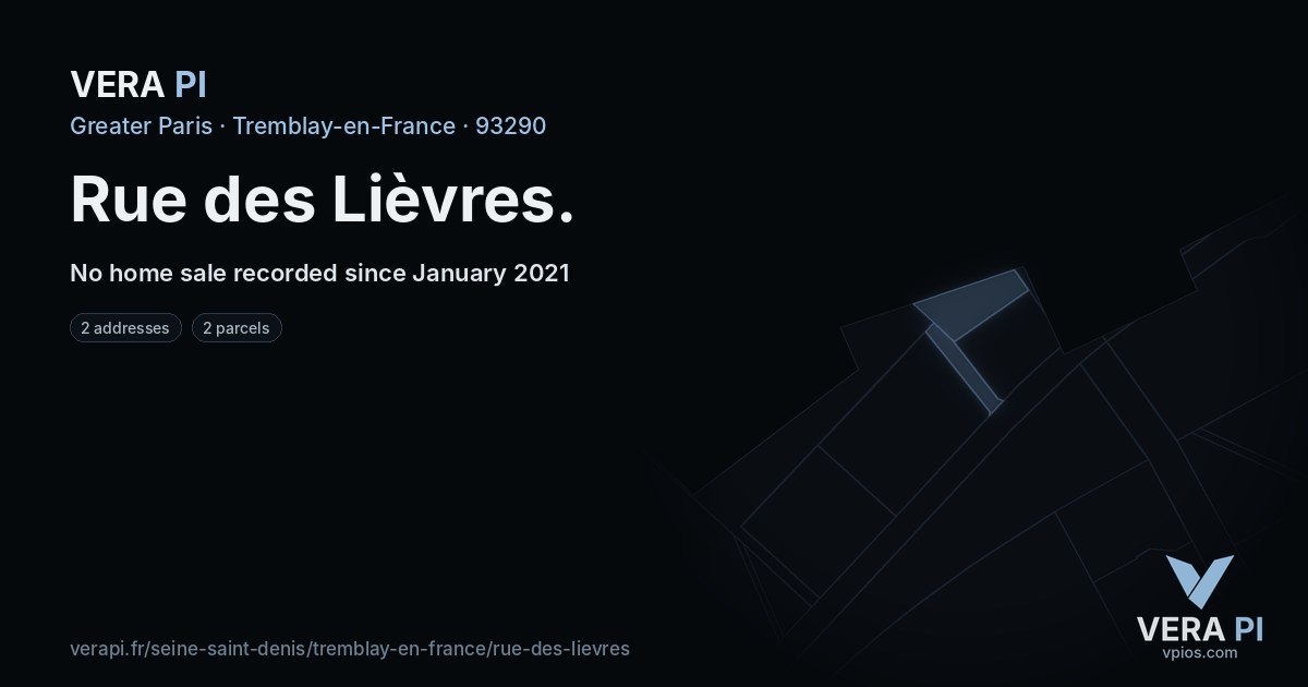Rue des Lièvres, Tremblay-en-France at night – every parcel coloured by the prices around it, the street's own parcels lit
