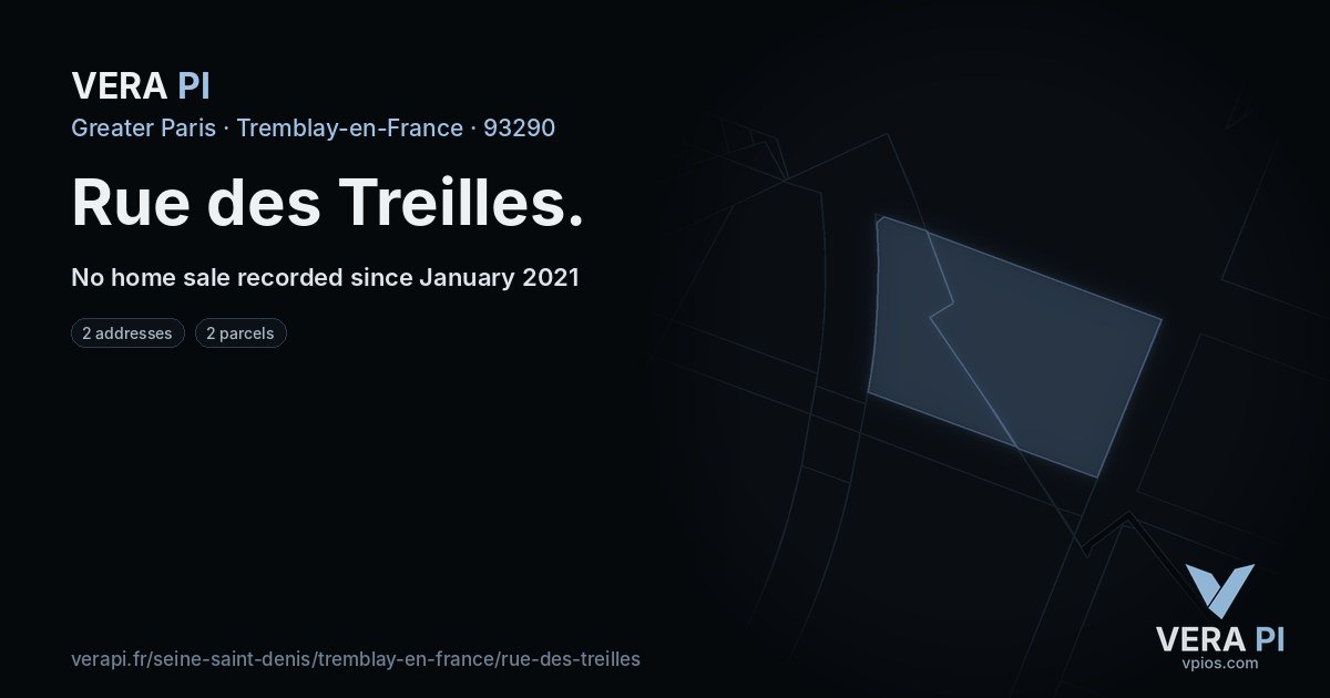 Rue des Treilles, Tremblay-en-France at night – every parcel coloured by the prices around it, the street's own parcels lit
