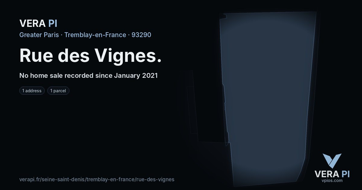 Rue des Vignes, Tremblay-en-France at night – every parcel coloured by the prices around it, the street's own parcels lit