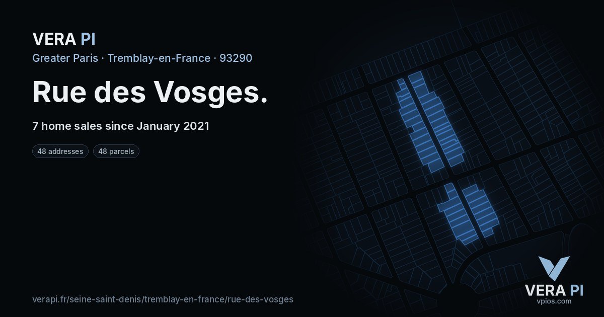 Rue des Vosges, Tremblay-en-France at night – every parcel coloured by the prices around it, the street's own parcels lit