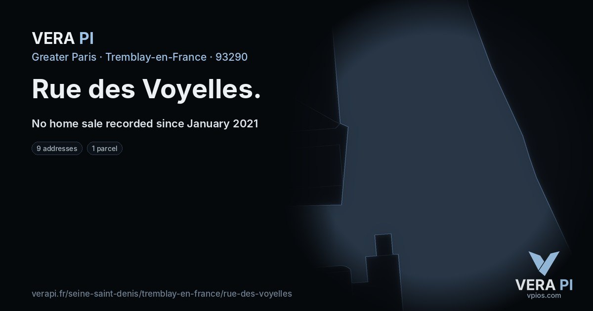 Rue des Voyelles, Tremblay-en-France at night – every parcel coloured by the prices around it, the street's own parcels lit