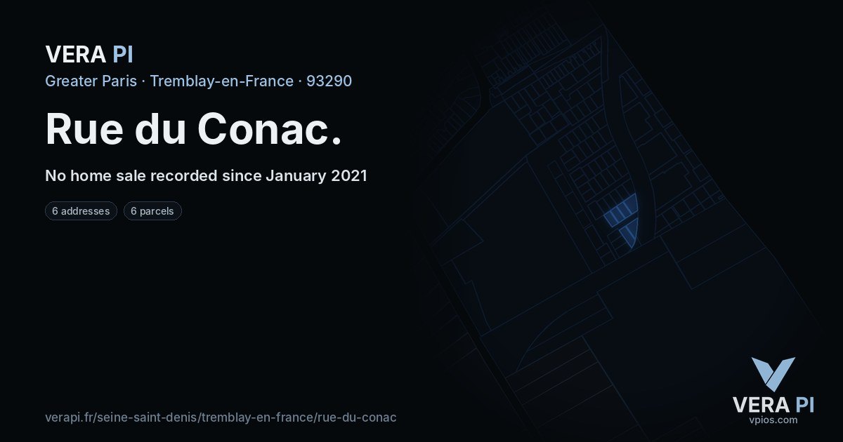Rue du Conac, Tremblay-en-France at night – every parcel coloured by the prices around it, the street's own parcels lit