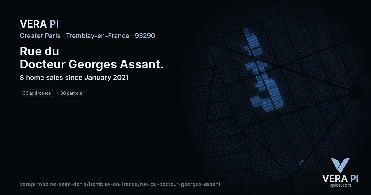 Rue du Docteur Georges Assant, Tremblay-en-France at night – every parcel coloured by the prices around it, the street's own parcels lit