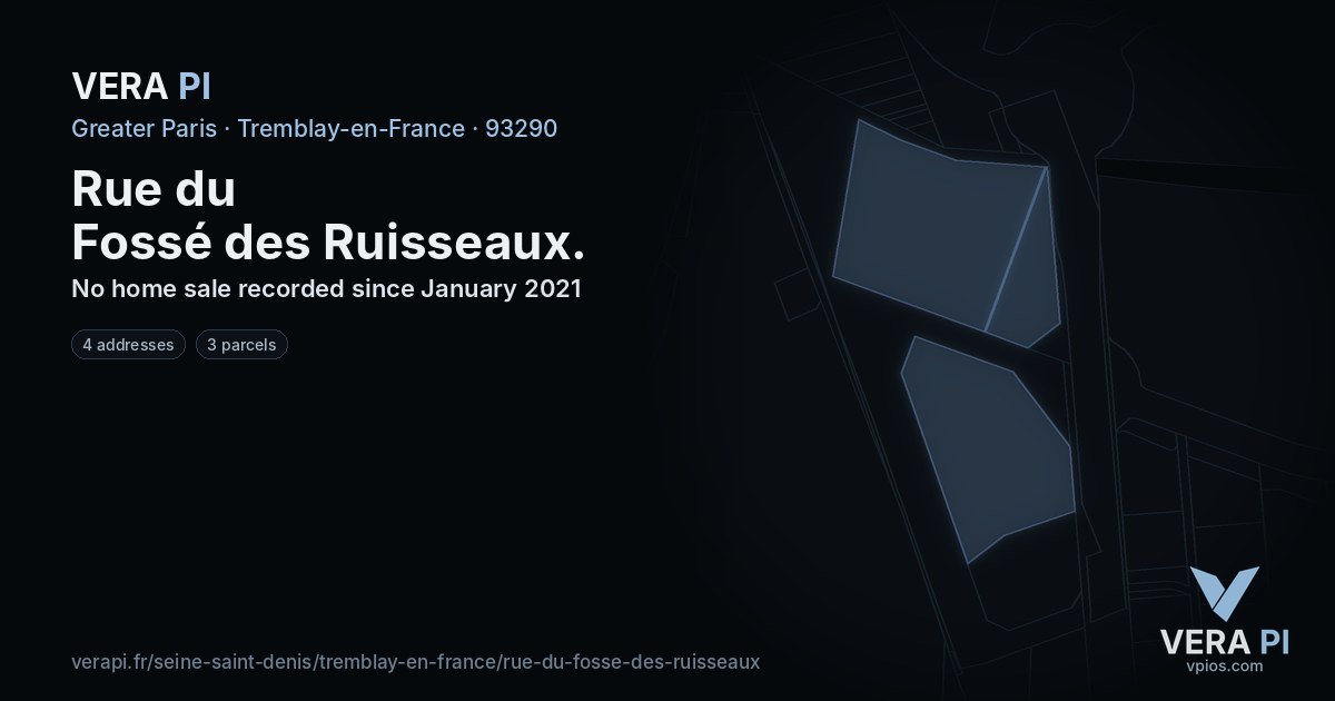 Rue du Fossé des Ruisseaux, Tremblay-en-France at night – every parcel coloured by the prices around it, the street's own parcels lit