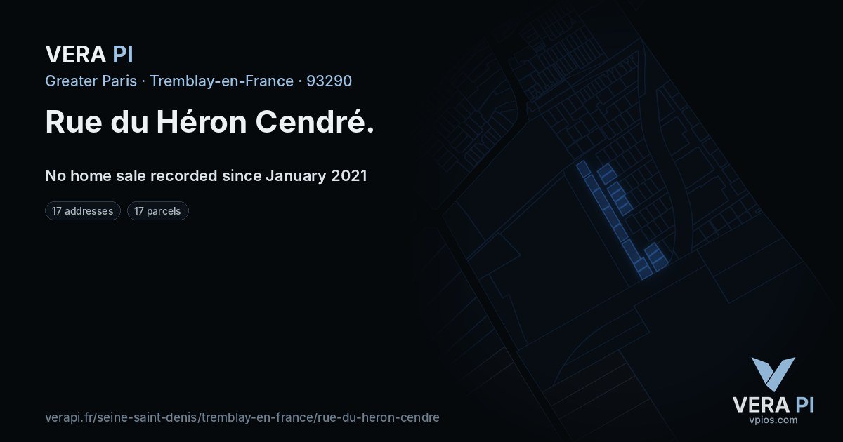 Rue du Héron Cendré, Tremblay-en-France at night – every parcel coloured by the prices around it, the street's own parcels lit