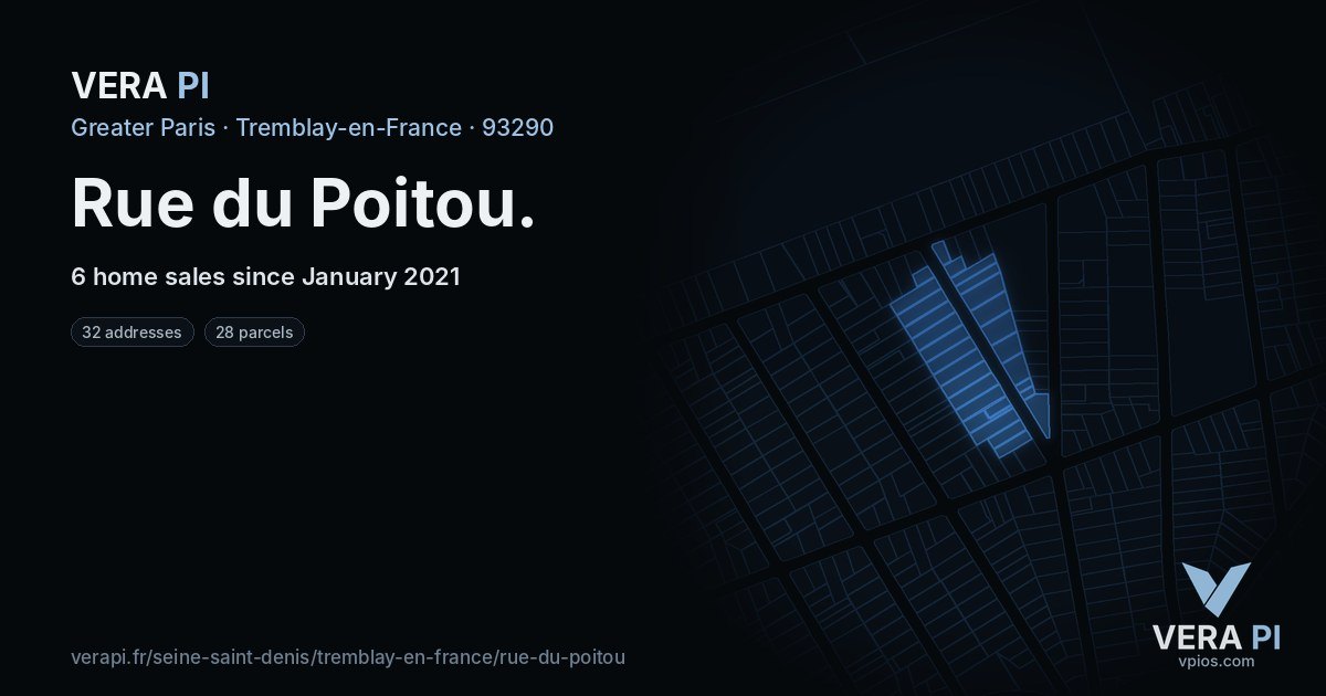 Rue du Poitou, Tremblay-en-France at night – every parcel coloured by the prices around it, the street's own parcels lit