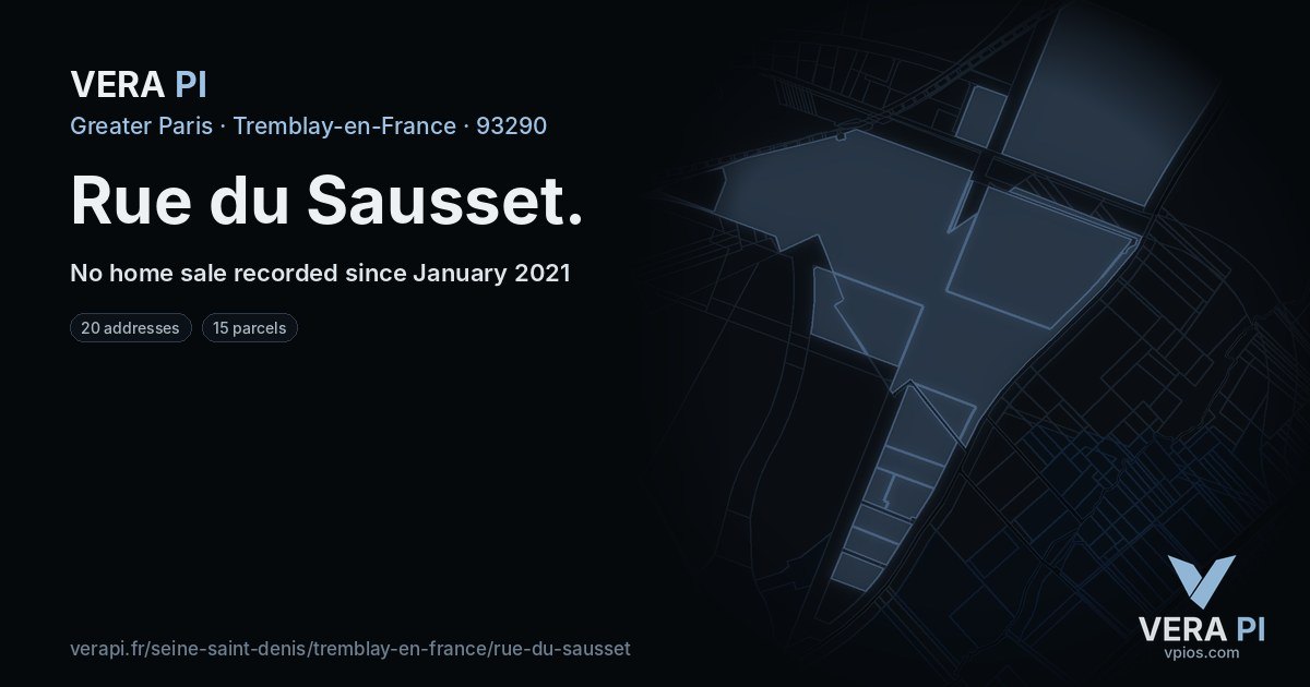 Rue du Sausset, Tremblay-en-France at night – every parcel coloured by the prices around it, the street's own parcels lit
