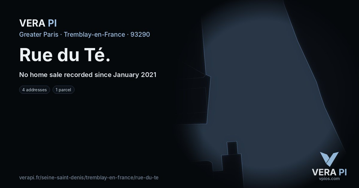 Rue du Té, Tremblay-en-France at night – every parcel coloured by the prices around it, the street's own parcels lit