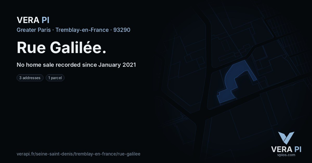 Rue Galilée, Tremblay-en-France at night – every parcel coloured by the prices around it, the street's own parcels lit