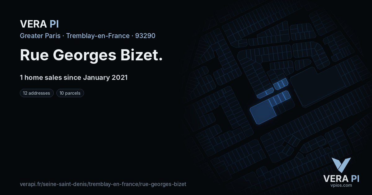 Rue Georges Bizet, Tremblay-en-France at night – every parcel coloured by the prices around it, the street's own parcels lit