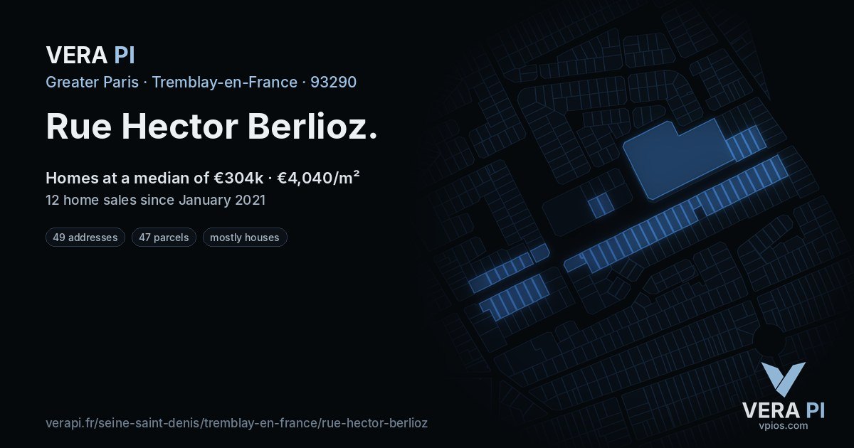 Rue Hector Berlioz, Tremblay-en-France at night – every parcel coloured by the prices around it, the street's own parcels lit