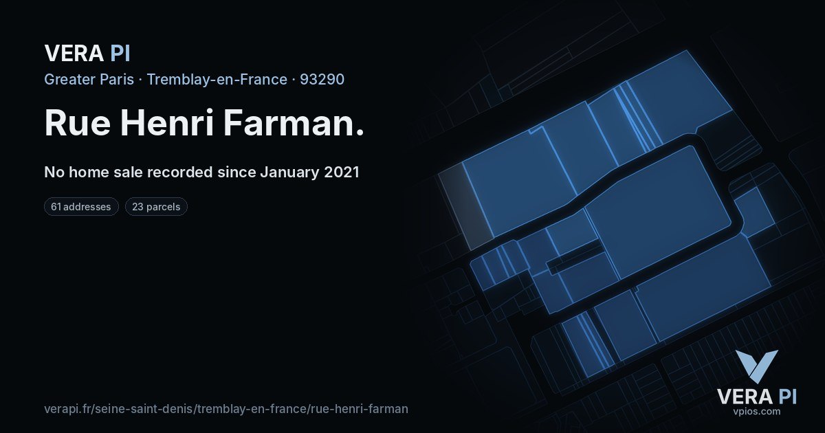 Rue Henri Farman, Tremblay-en-France at night – every parcel coloured by the prices around it, the street's own parcels lit