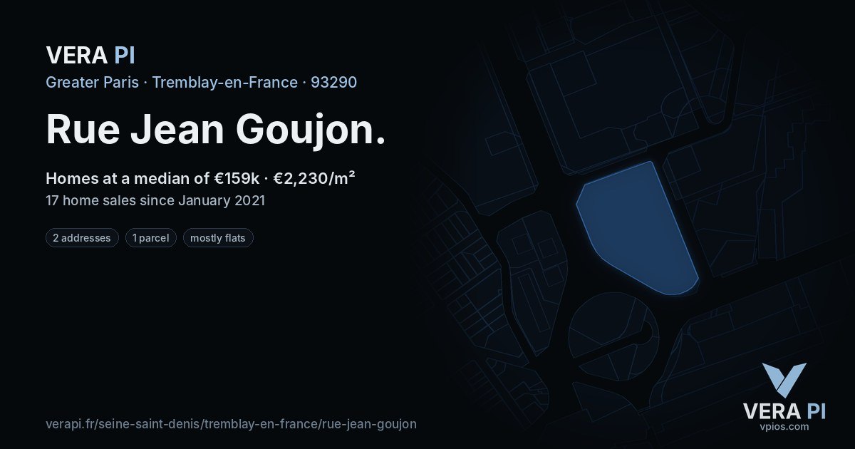 Rue Jean Goujon, Tremblay-en-France at night – every parcel coloured by the prices around it, the street's own parcels lit
