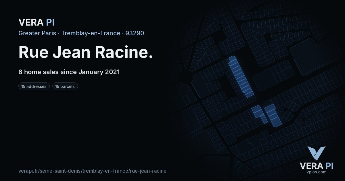 Rue Jean Racine, Tremblay-en-France at night – every parcel coloured by the prices around it, the street's own parcels lit