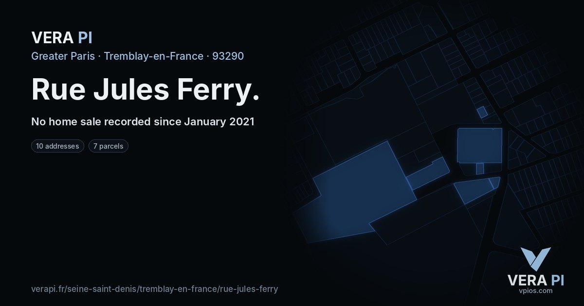 Rue Jules Ferry, Tremblay-en-France at night – every parcel coloured by the prices around it, the street's own parcels lit