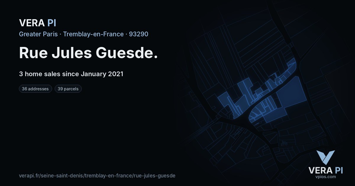 Rue Jules Guesde, Tremblay-en-France at night – every parcel coloured by the prices around it, the street's own parcels lit