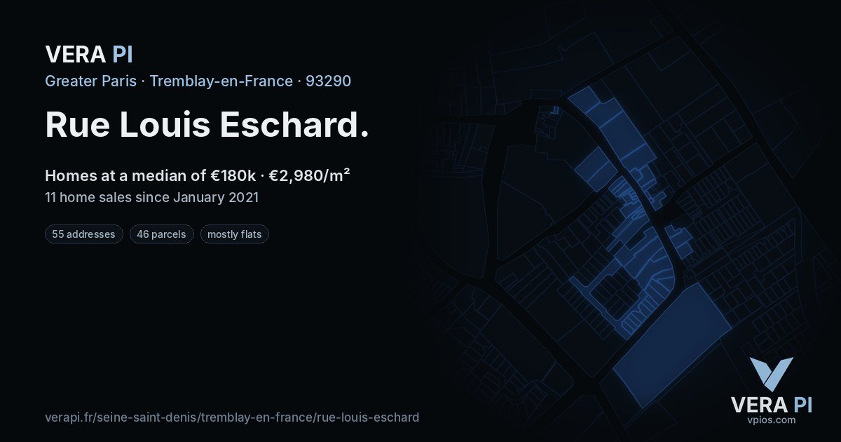 Rue Louis Eschard, Tremblay-en-France at night – every parcel coloured by the prices around it, the street's own parcels lit