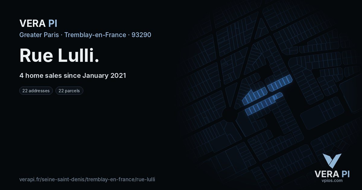 Rue Lulli, Tremblay-en-France at night – every parcel coloured by the prices around it, the street's own parcels lit