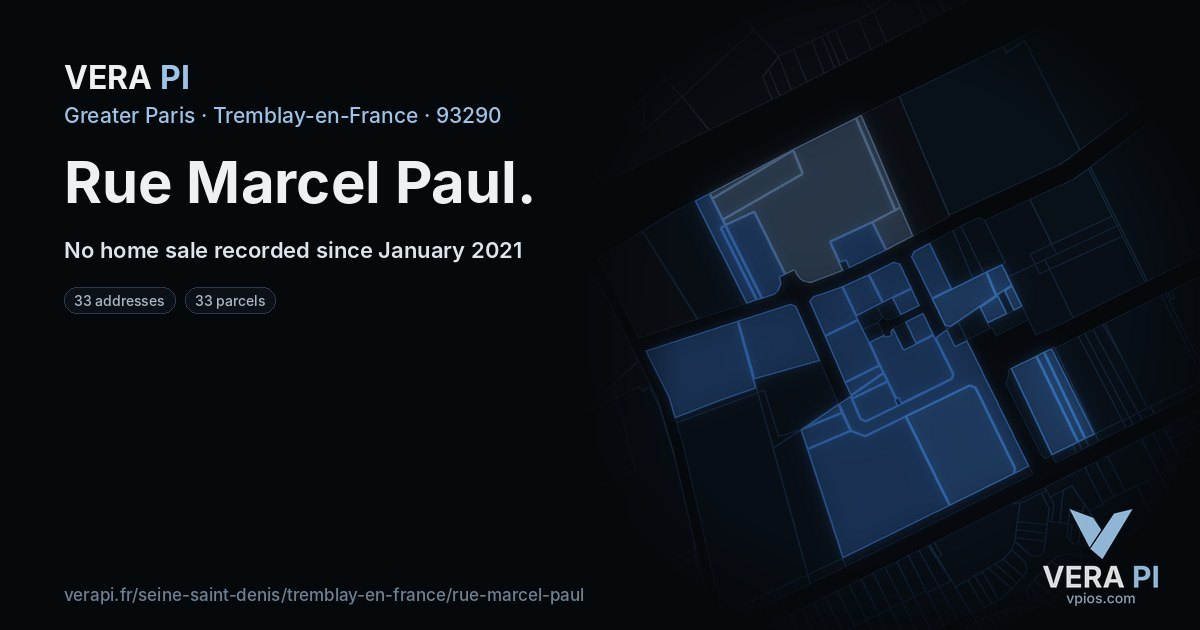Rue Marcel Paul, Tremblay-en-France at night – every parcel coloured by the prices around it, the street's own parcels lit