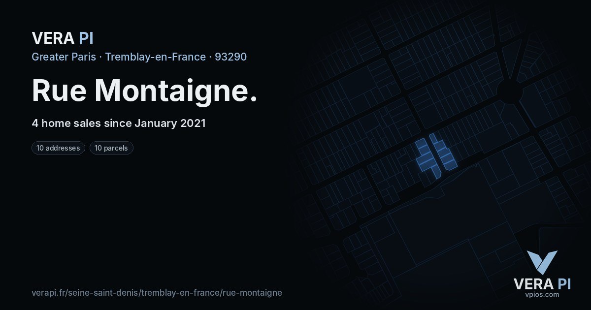 Rue Montaigne, Tremblay-en-France at night – every parcel coloured by the prices around it, the street's own parcels lit