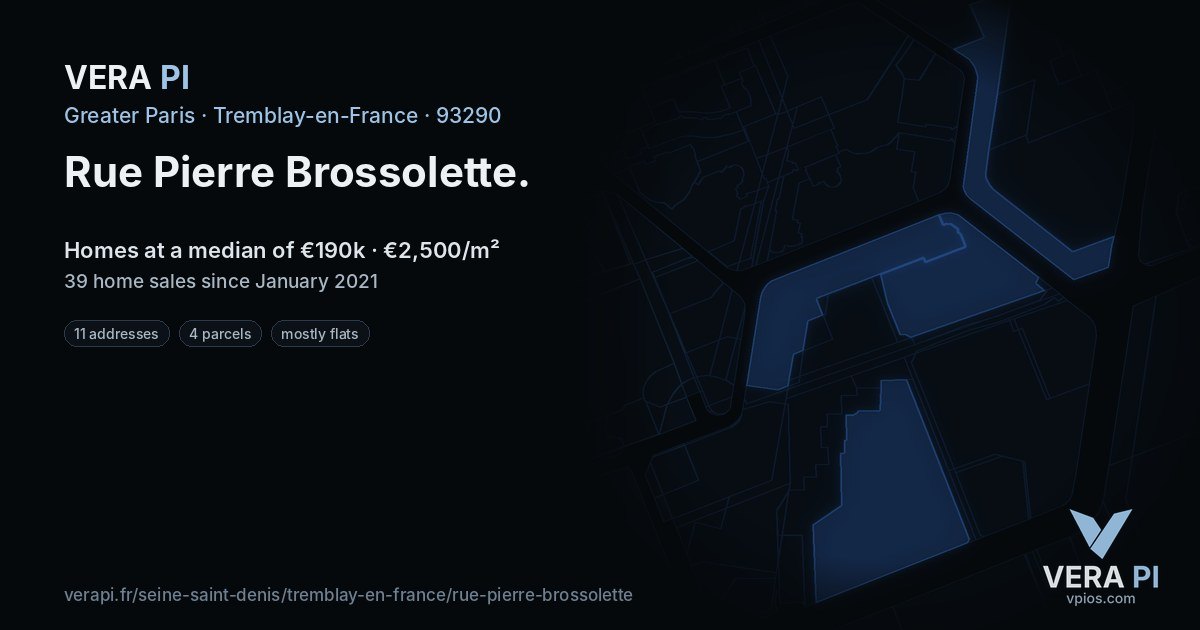 Rue Pierre Brossolette, Tremblay-en-France at night – every parcel coloured by the prices around it, the street's own parcels lit
