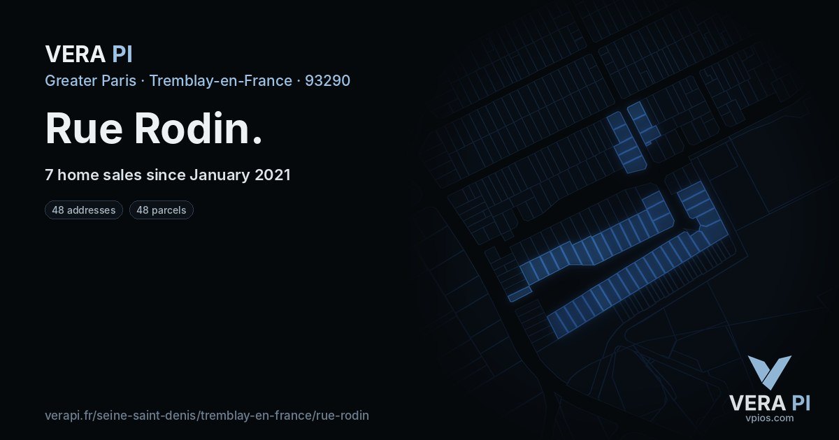Rue Rodin, Tremblay-en-France at night – every parcel coloured by the prices around it, the street's own parcels lit