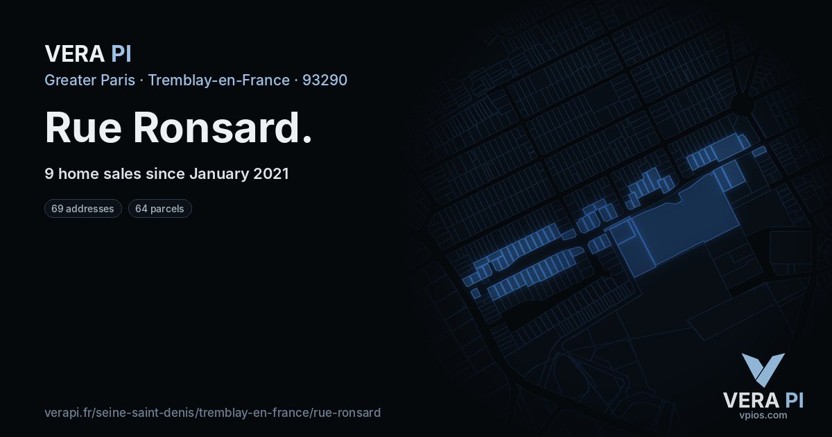 Rue Ronsard, Tremblay-en-France at night – every parcel coloured by the prices around it, the street's own parcels lit