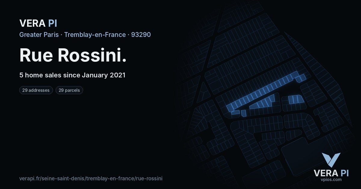 Rue Rossini, Tremblay-en-France at night – every parcel coloured by the prices around it, the street's own parcels lit