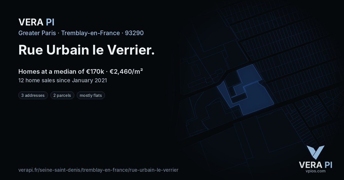 Rue Urbain le Verrier, Tremblay-en-France at night – every parcel coloured by the prices around it, the street's own parcels lit