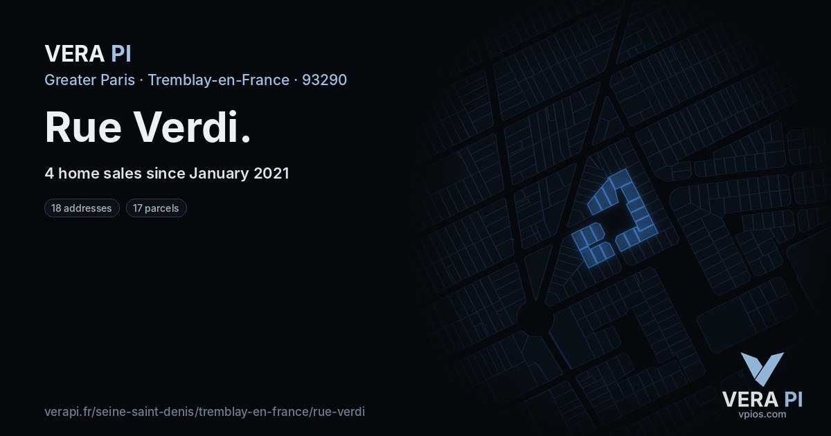 Rue Verdi, Tremblay-en-France at night – every parcel coloured by the prices around it, the street's own parcels lit