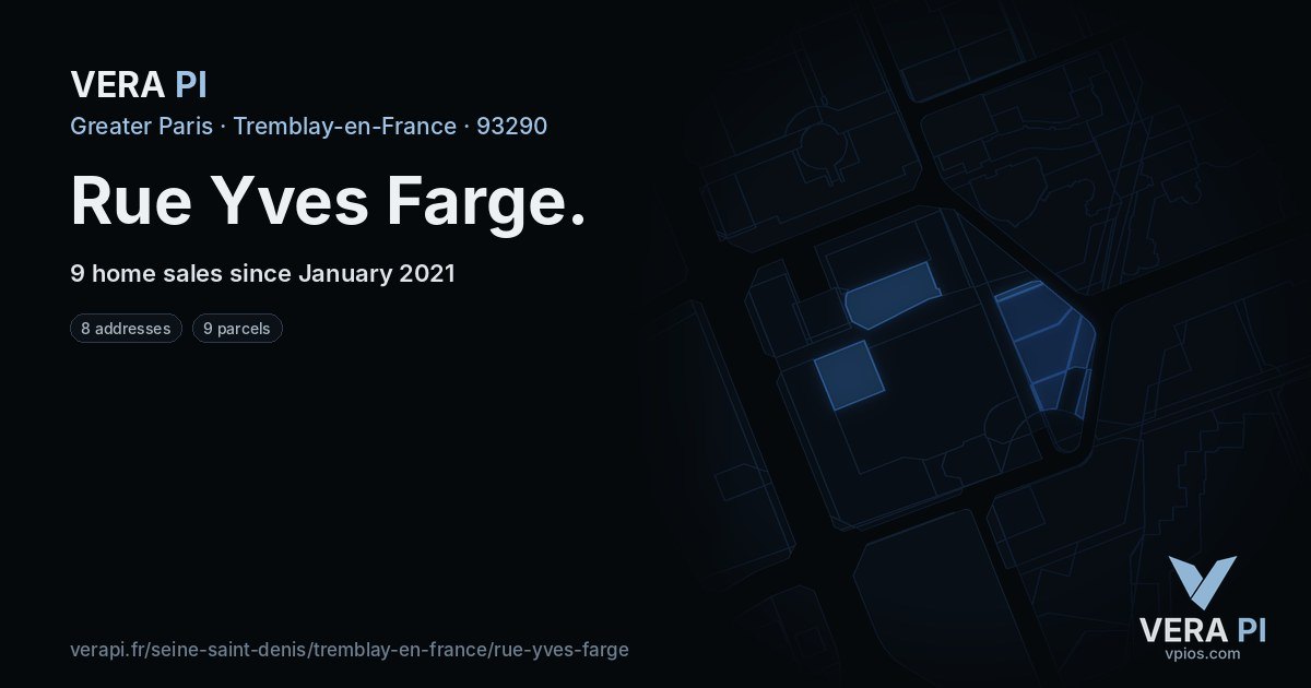 Rue Yves Farge, Tremblay-en-France at night – every parcel coloured by the prices around it, the street's own parcels lit