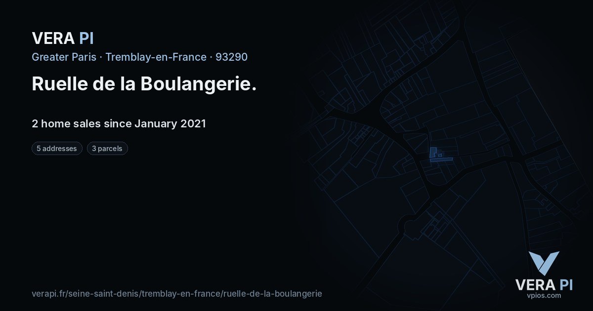 Ruelle de la Boulangerie, Tremblay-en-France at night – every parcel coloured by the prices around it, the street's own parcels lit