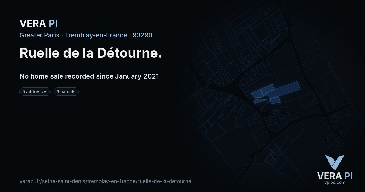 Ruelle de la Détourne, Tremblay-en-France at night – every parcel coloured by the prices around it, the street's own parcels lit
