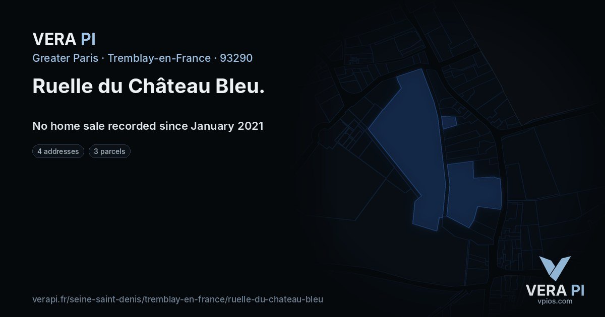 Ruelle du Château Bleu, Tremblay-en-France at night – every parcel coloured by the prices around it, the street's own parcels lit