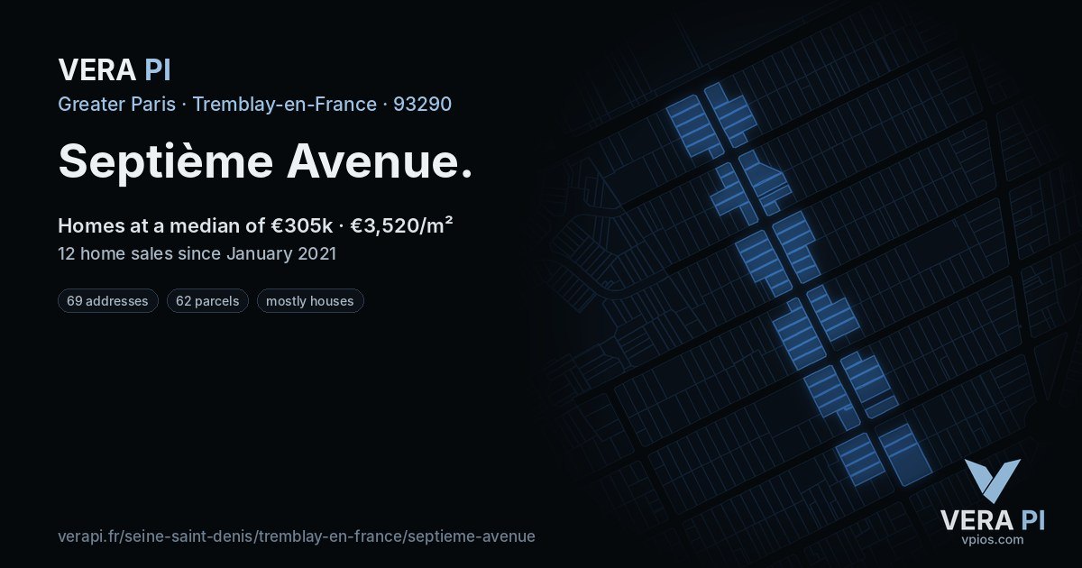 Septième Avenue, Tremblay-en-France at night – every parcel coloured by the prices around it, the street's own parcels lit