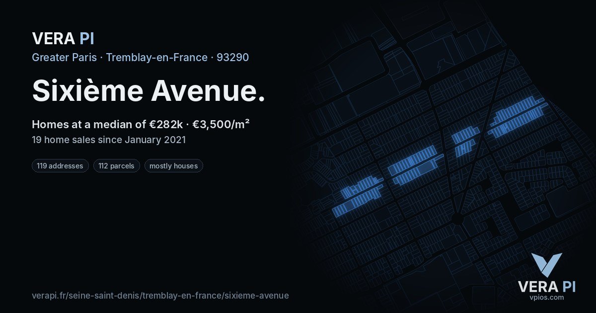 Sixième Avenue, Tremblay-en-France at night – every parcel coloured by the prices around it, the street's own parcels lit
