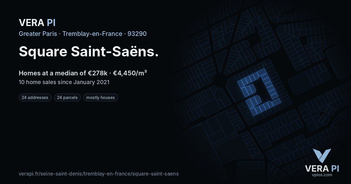 Square Saint-Saëns, Tremblay-en-France at night – every parcel coloured by the prices around it, the street's own parcels lit