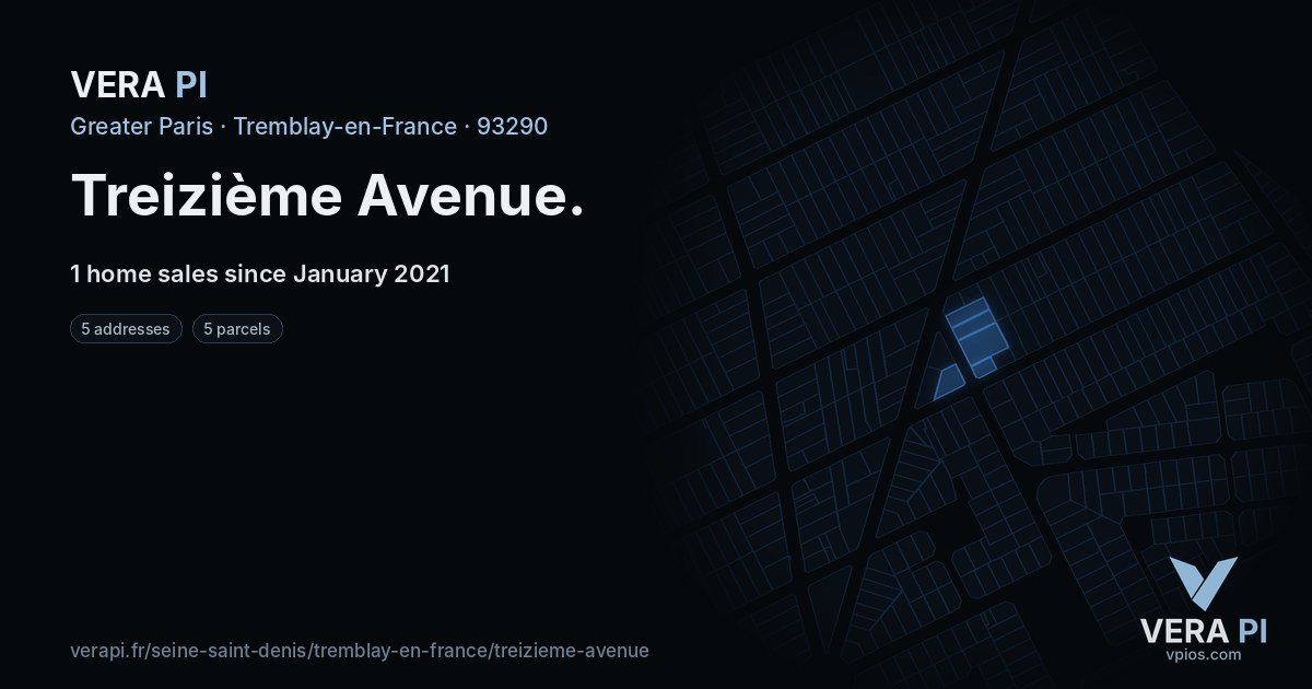 Treizième Avenue, Tremblay-en-France at night – every parcel coloured by the prices around it, the street's own parcels lit