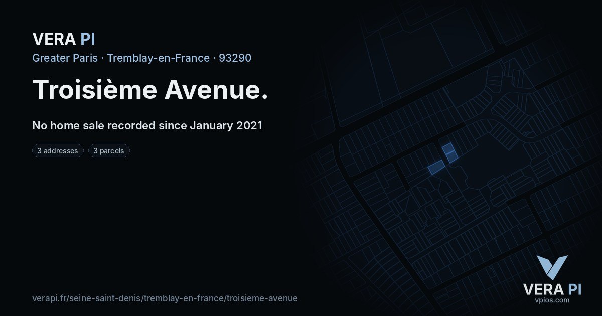 Troisième Avenue, Tremblay-en-France at night – every parcel coloured by the prices around it, the street's own parcels lit
